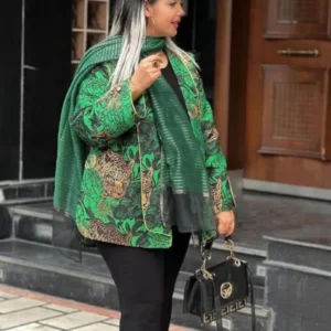 پارچه ژاکارد ترک مانتویی طرح پلنگی رنگ طلایی مشکی