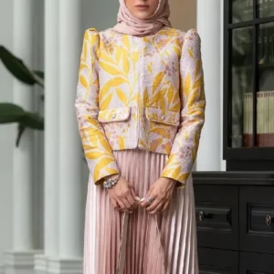 پارچه ژاکارد ترک مانتویی طرح برگ رنگ نارنجی