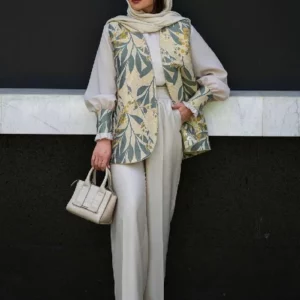 پارچه ژاکارد ترک مانتویی طرح برگ رنگ مشکی