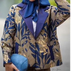 پارچه ژاکارد ترک مانتویی طرح برگ رنگ سبز