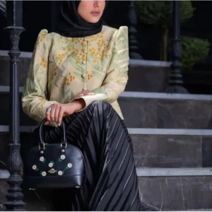 پارچه ژاکارد ترک مانتویی طرح برگ رنگ مشکی