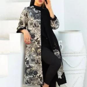 پارچه ژاکارد ترک مانتویی طرح پلنگی رنگ طلایی مشکی