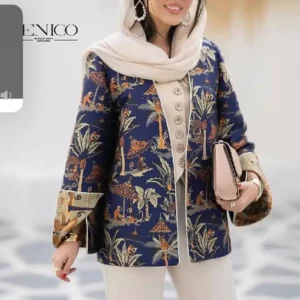 پارچه ژاکارد کوکدوزی ترک طرح نخل رنگ ابی کاربنی