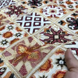 لینن سوزندوزی چهارخونه  هندی رنگ اجری