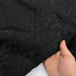 پارچه ژاکارد ترک گلدوزی  گل اپلیکه رنگ مشکی